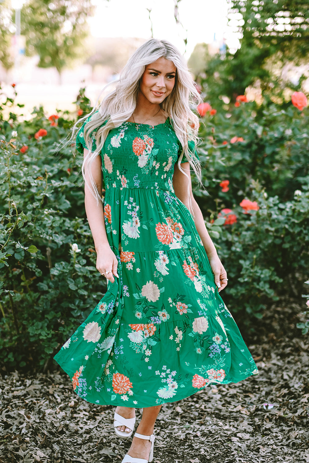 Blue Zone Planet | Green Floral Print Bubble Sleeve Smocked Tiered Midi Dress Blue Zone Planet