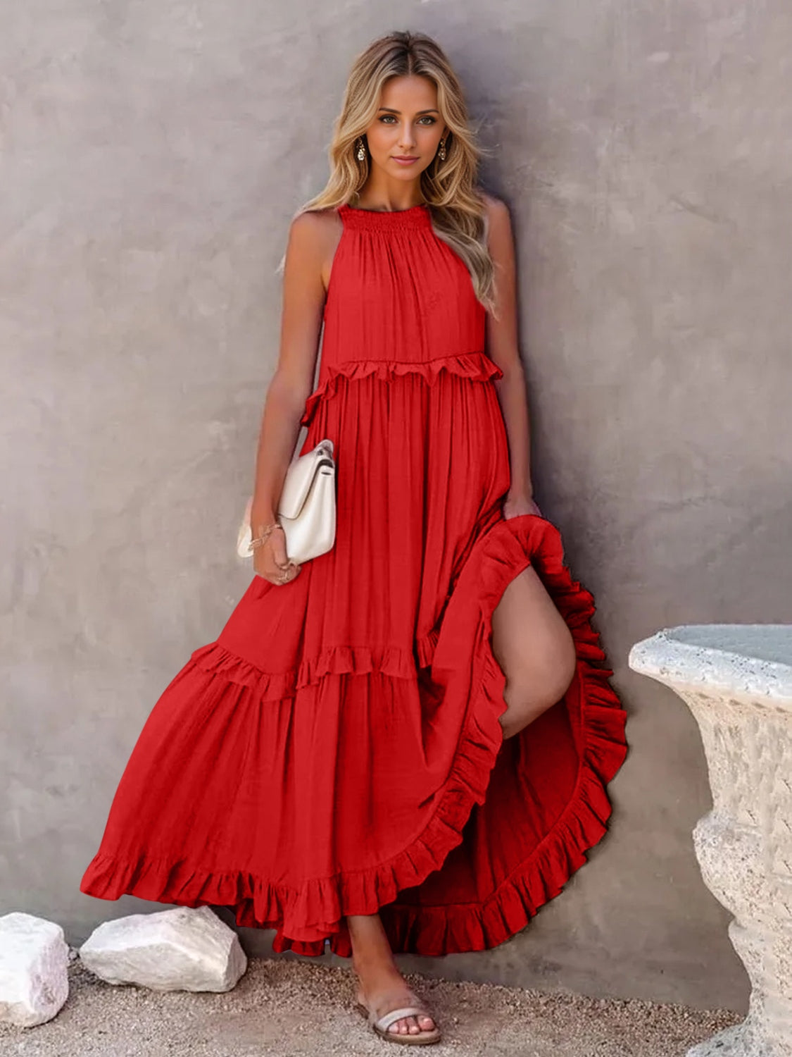 Blue Zone Planet | Ruffled Sleeveless Tiered Maxi Dress with Pockets BLUE ZONE PLANET