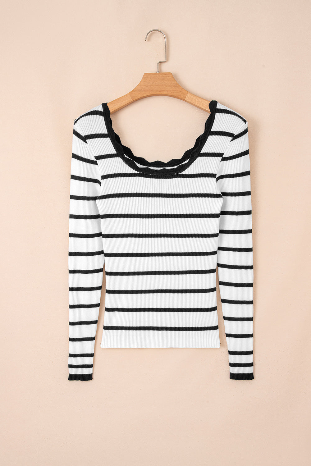 Black White Scalloped Trim U Neck Striped Ribbed Slim Sweater