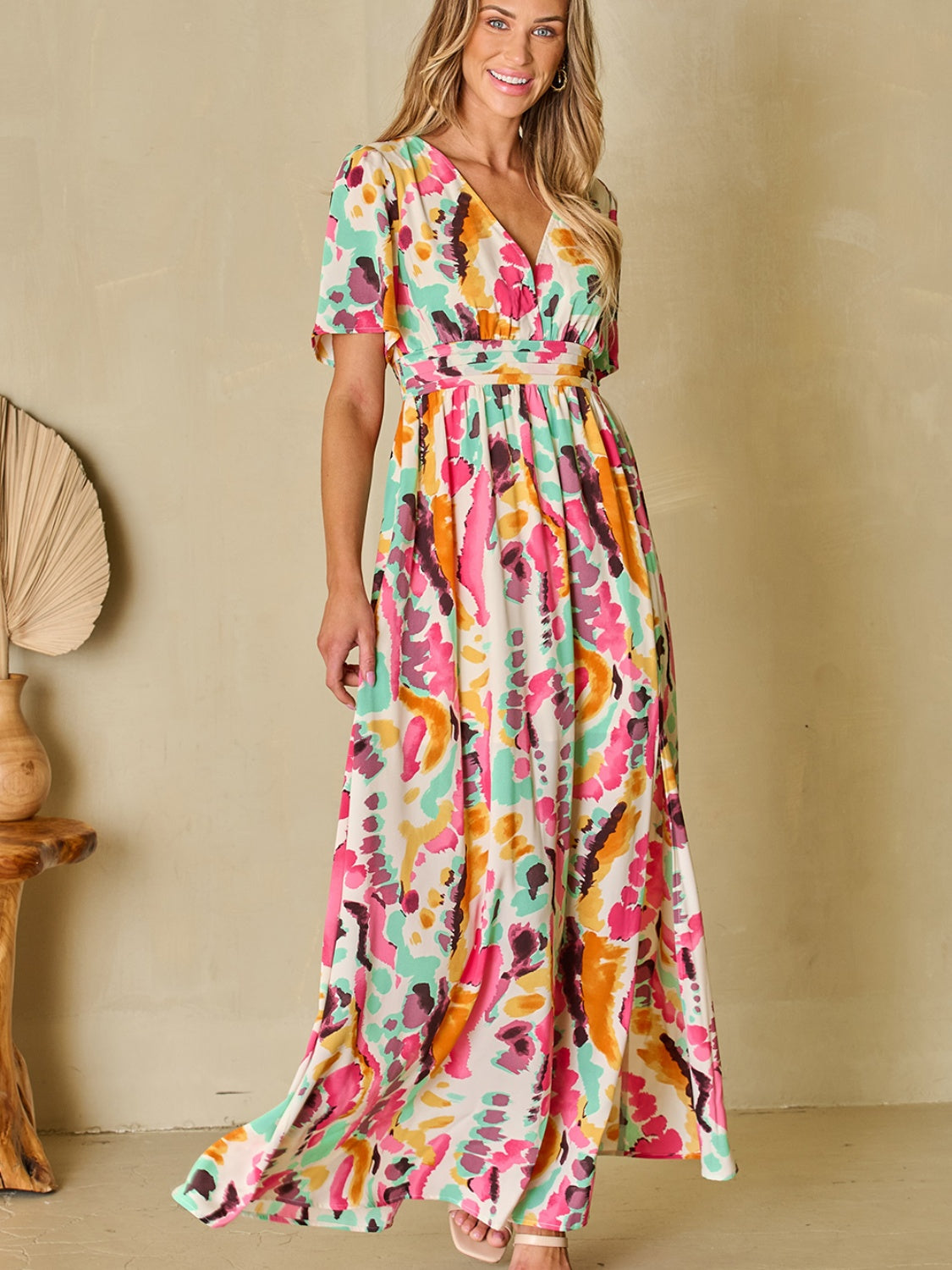 Blue Zone Planet |  Slit Printed Surplice Short Sleeve Maxi Dress BLUE ZONE PLANET