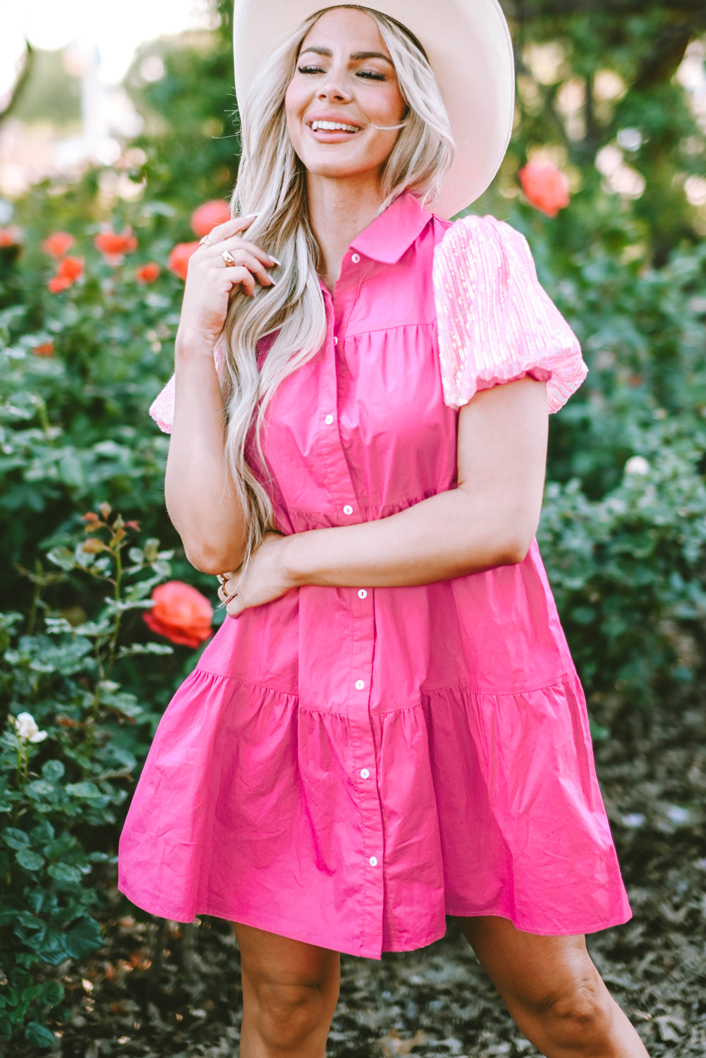 Blue Zone Planet | Bonbon Sequined Bubble Sleeve Tiered Ruffled Shirt Dress Blue Zone Planet