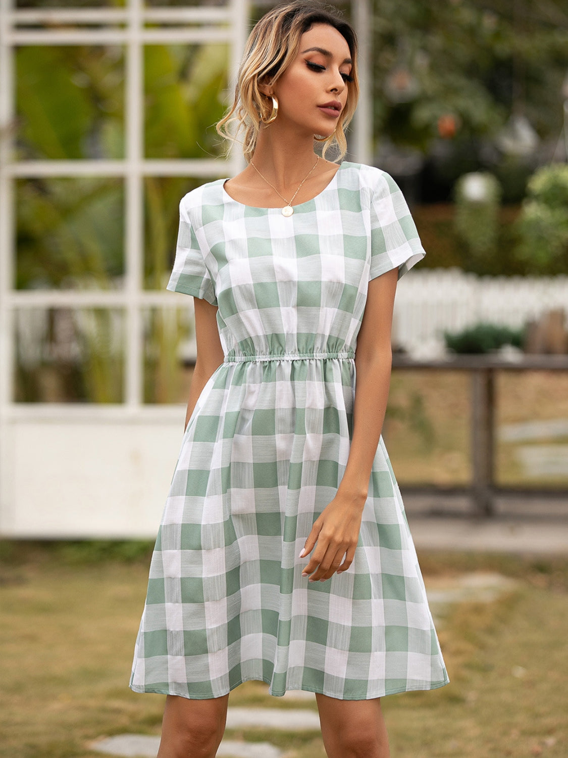 Blue Zone Planet | Smocked Plaid Round Neck Short Sleeve Dress BLUE ZONE PLANET