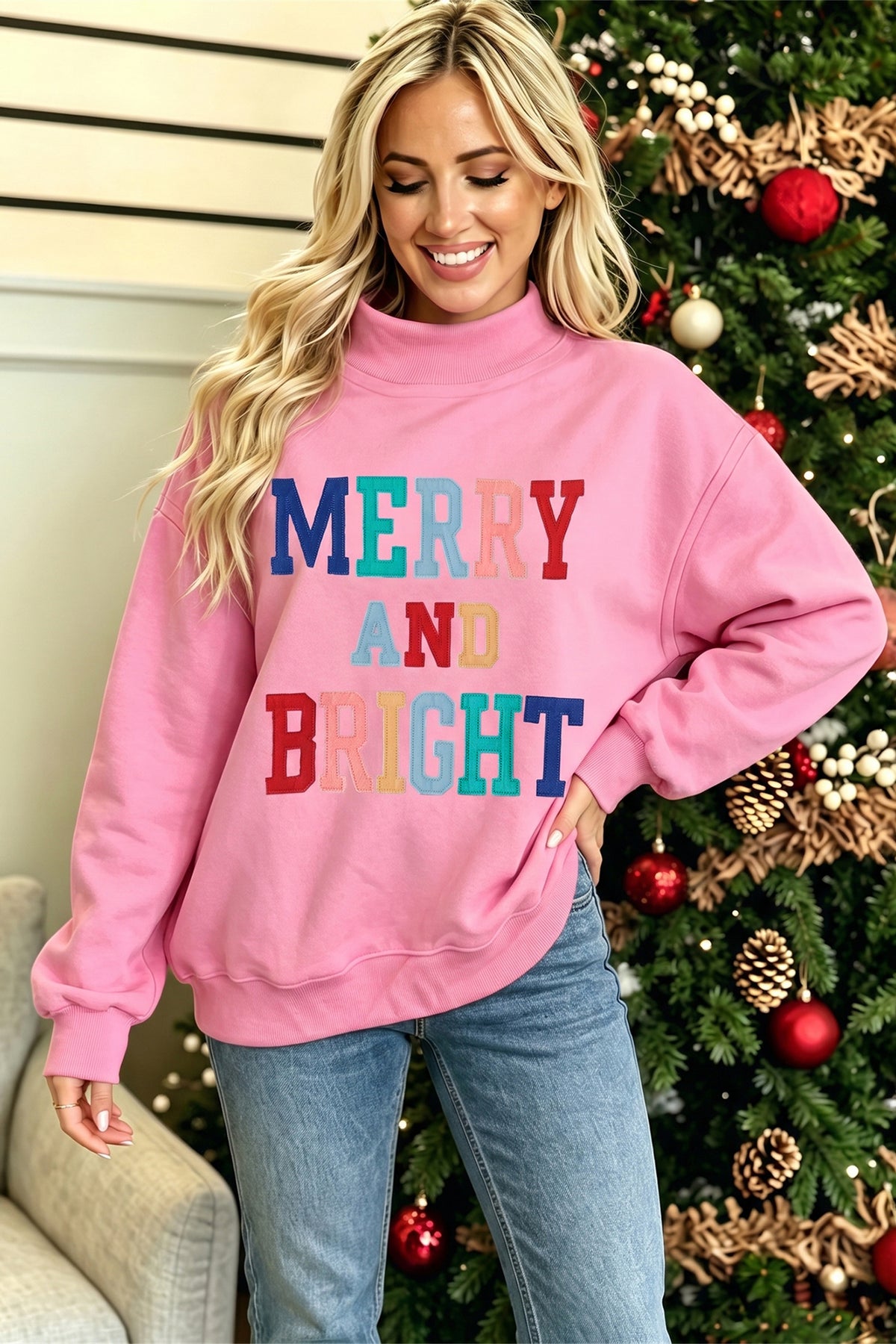 White MERRY AND BRIGHT Stitched Letter Pattern Mock Neck Sweatshirt