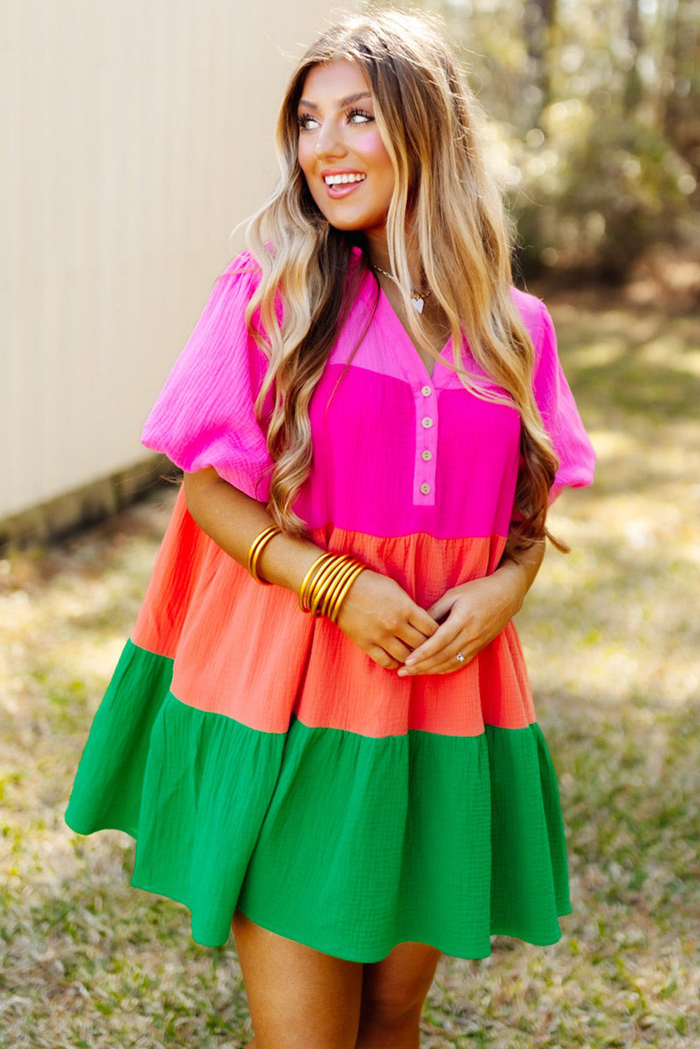 Blue Zone Planet | Multicolor Color Block Tiered Puff Sleeve Dress Blue Zone Planet