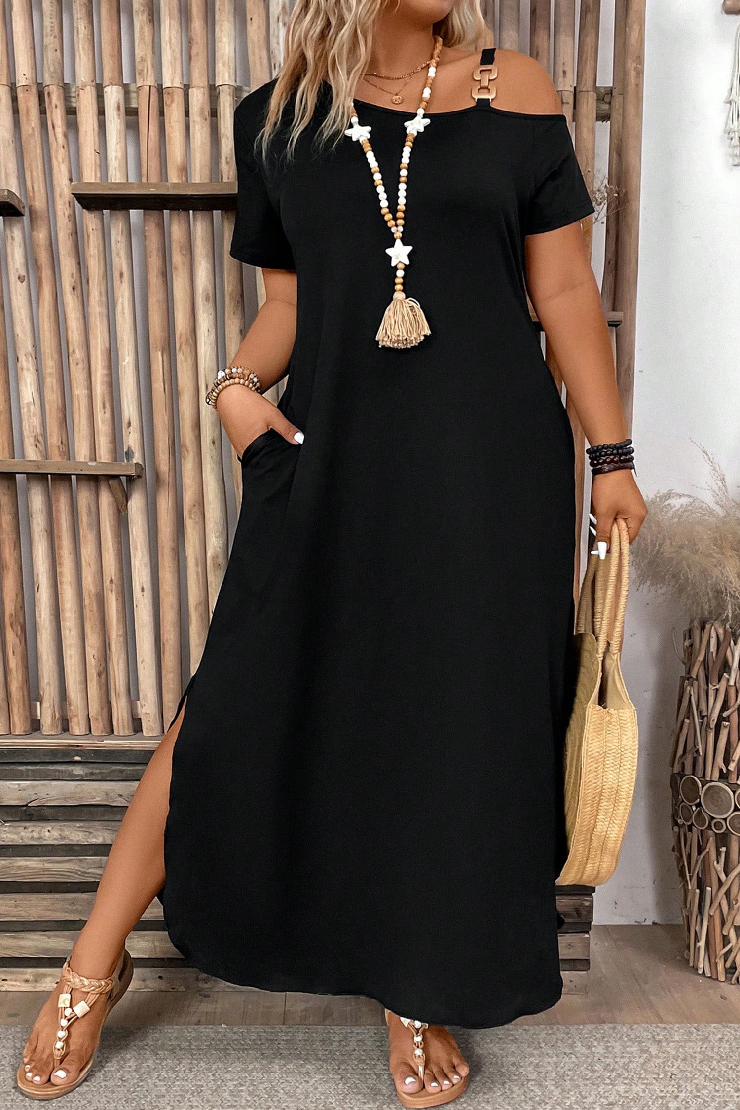 Black Asymmetric Shoulder Detail Short Sleeve Plus Size Maxi Dress – Blue  Zone Planet