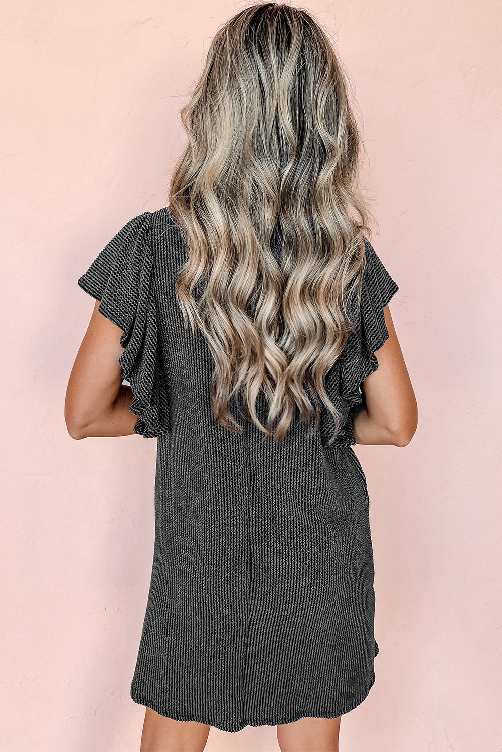 Aruba Blue Textured Ruffled Flutter Sleeve Mini Dress Blue Zone Planet