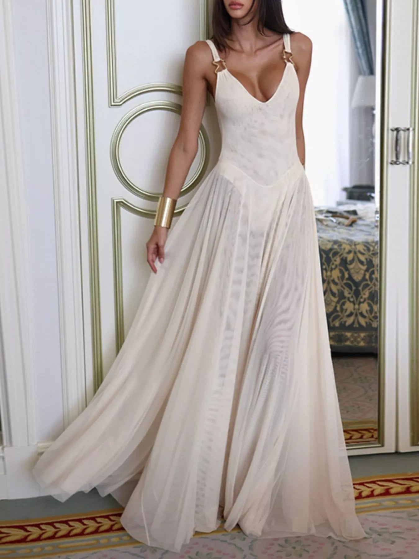 Linda's Sleeveless Sheer Maxi Dress with Gold Hardware Detail Linda's Sleeveless Sheer Maxi Dress with Gold Hardware Detail