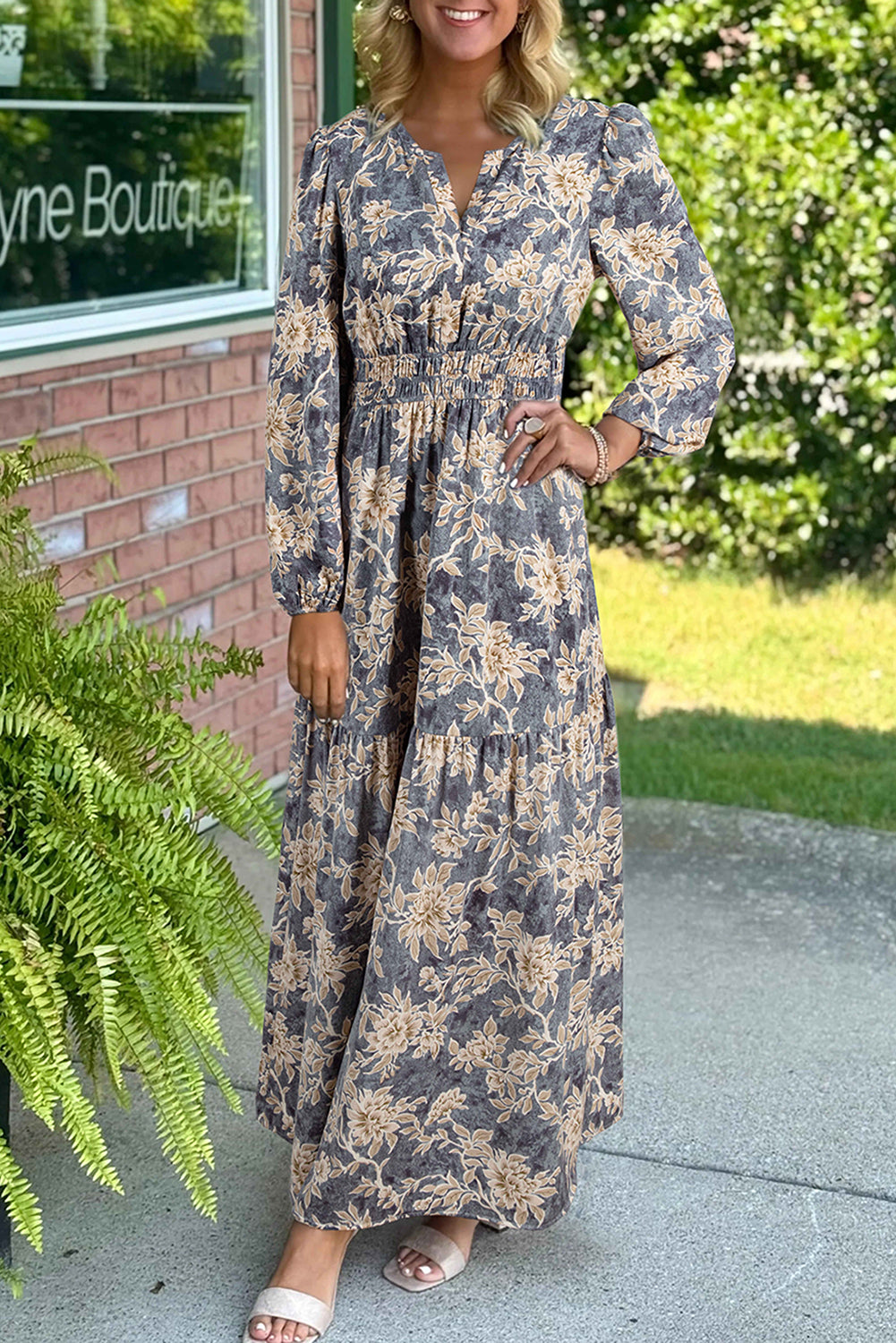 Sky Blue Floral Print Smocked High Waist Long Sleeve Maxi Dress Sky Blue Floral Print Smocked High Waist Long Sleeve Maxi Dress