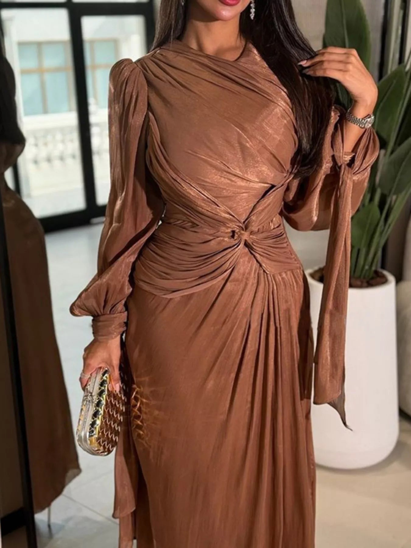 Veronica's Front Twisted Draped Long Sleeve Maxi Dress – Blue Zone