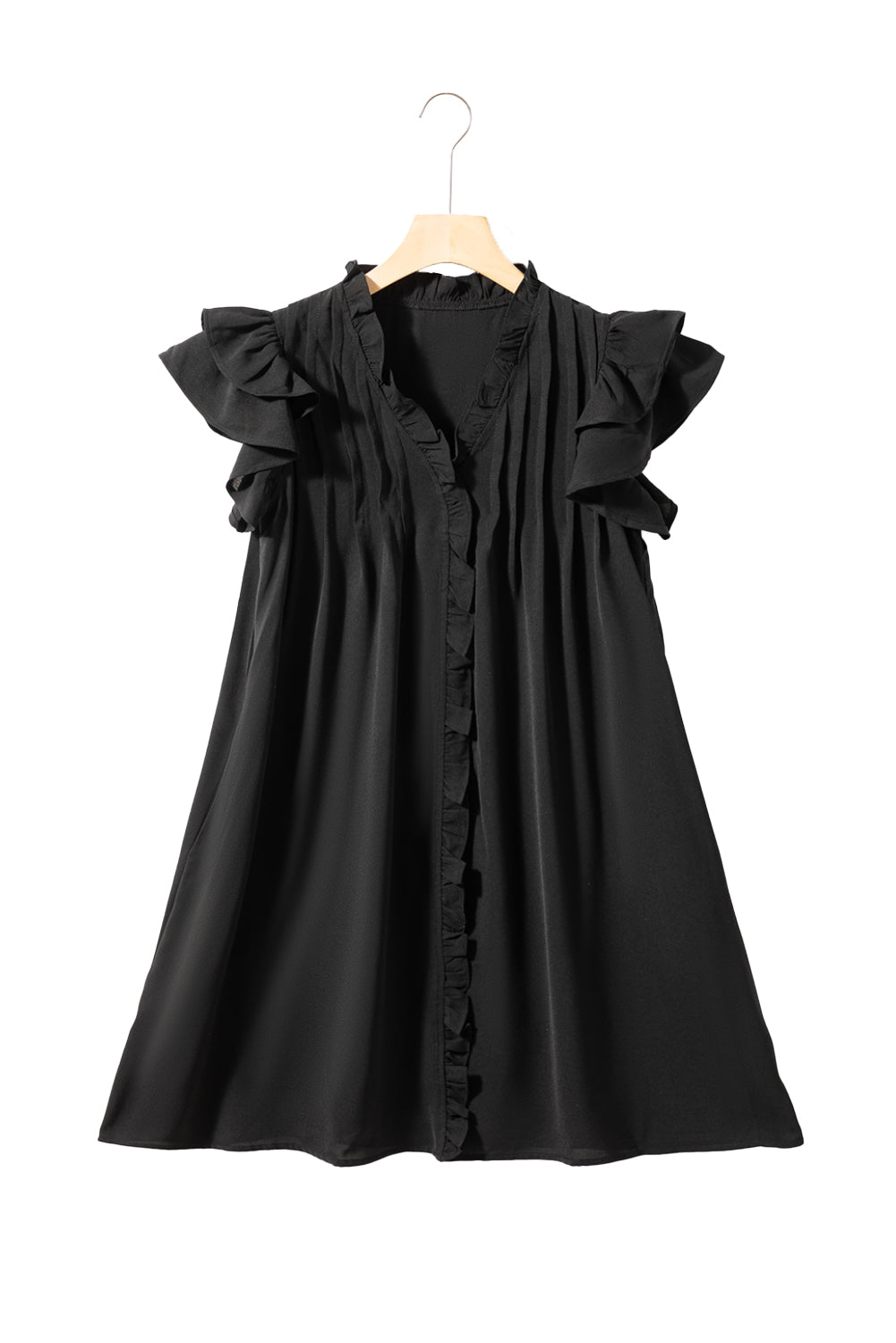 Blue Zone Planet | Black Ruffle Sleeve V Neck Frilled Shift Dress Blue Zone Planet