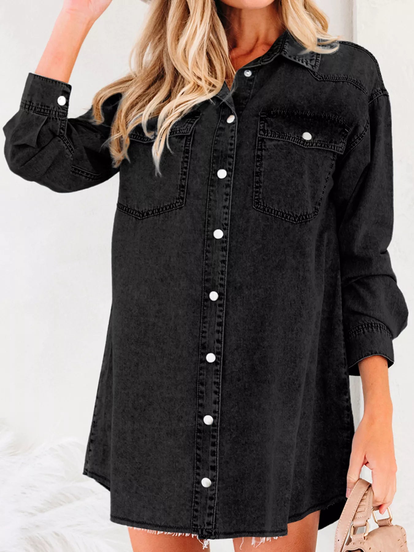 fitted lace wedding dress Beau Blue Chest Pocket Raw Hem Denim Loose Shirt Dress main image 1
