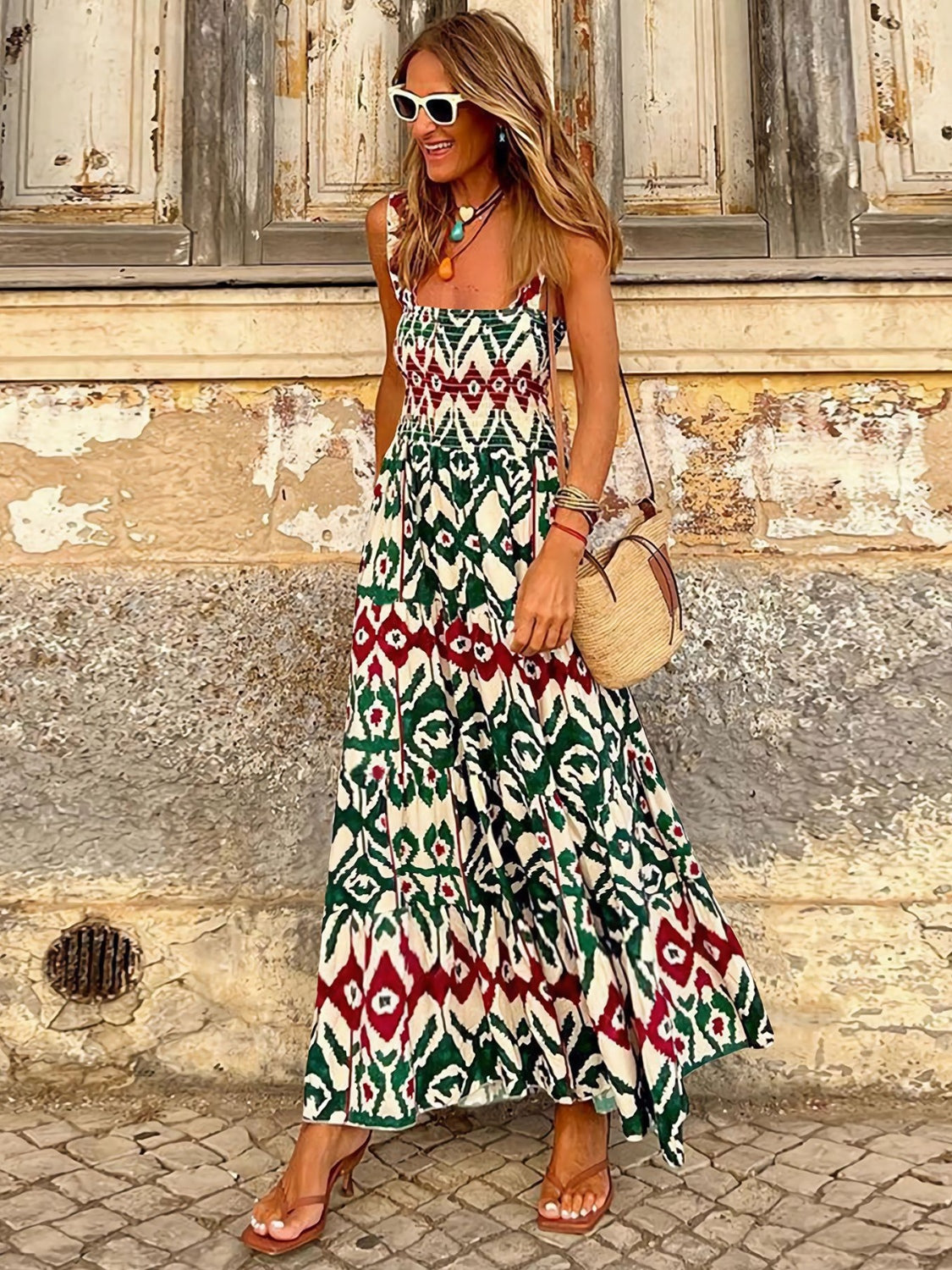 Smocked Printed Square Neck Sleeveless Dress BLUE ZONE PLANET