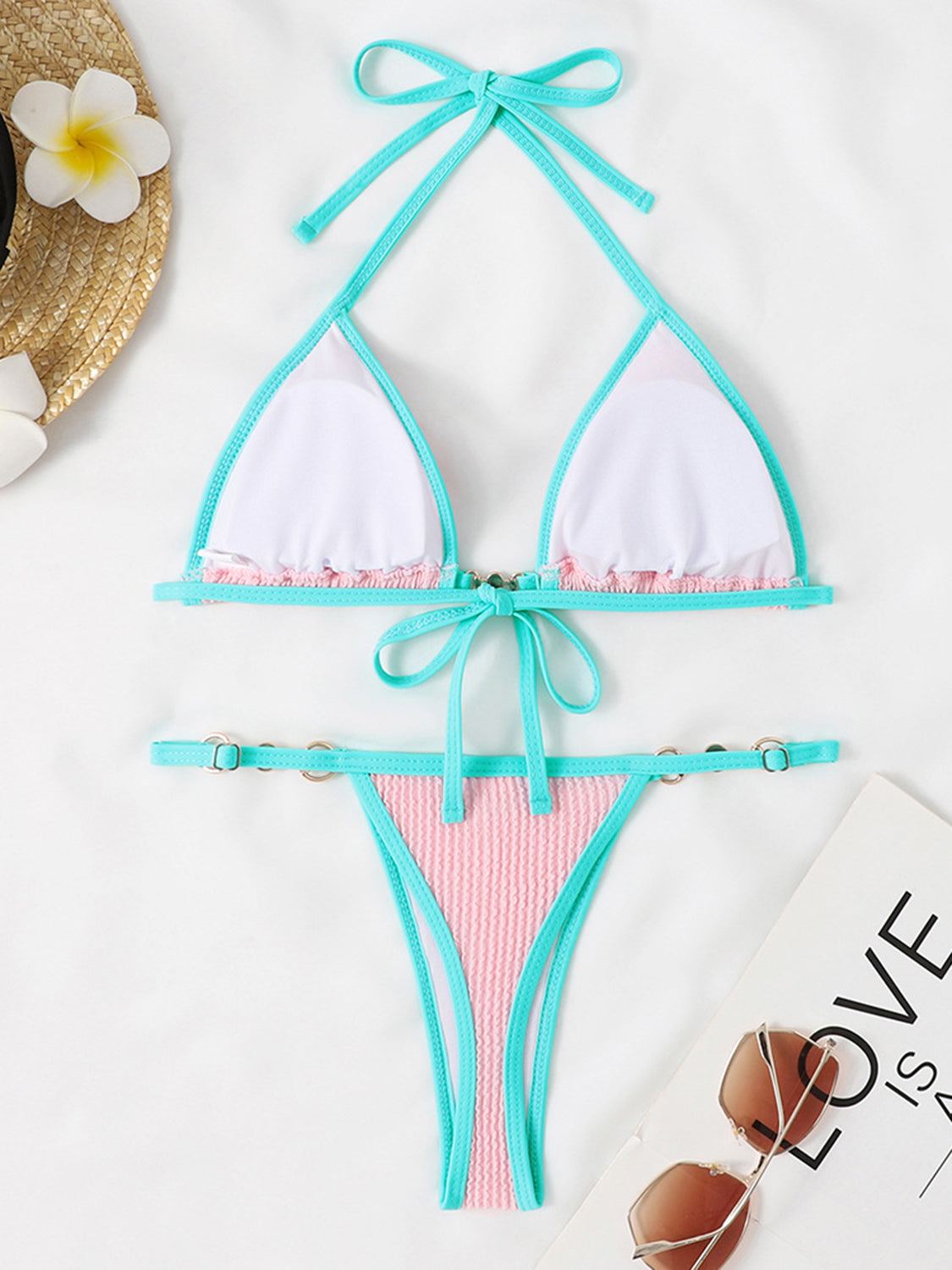Blue Zone Planet | Stella's Textured Contrast Halter Neck Two-Piece Bikini Set BLUE ZONE PLANET