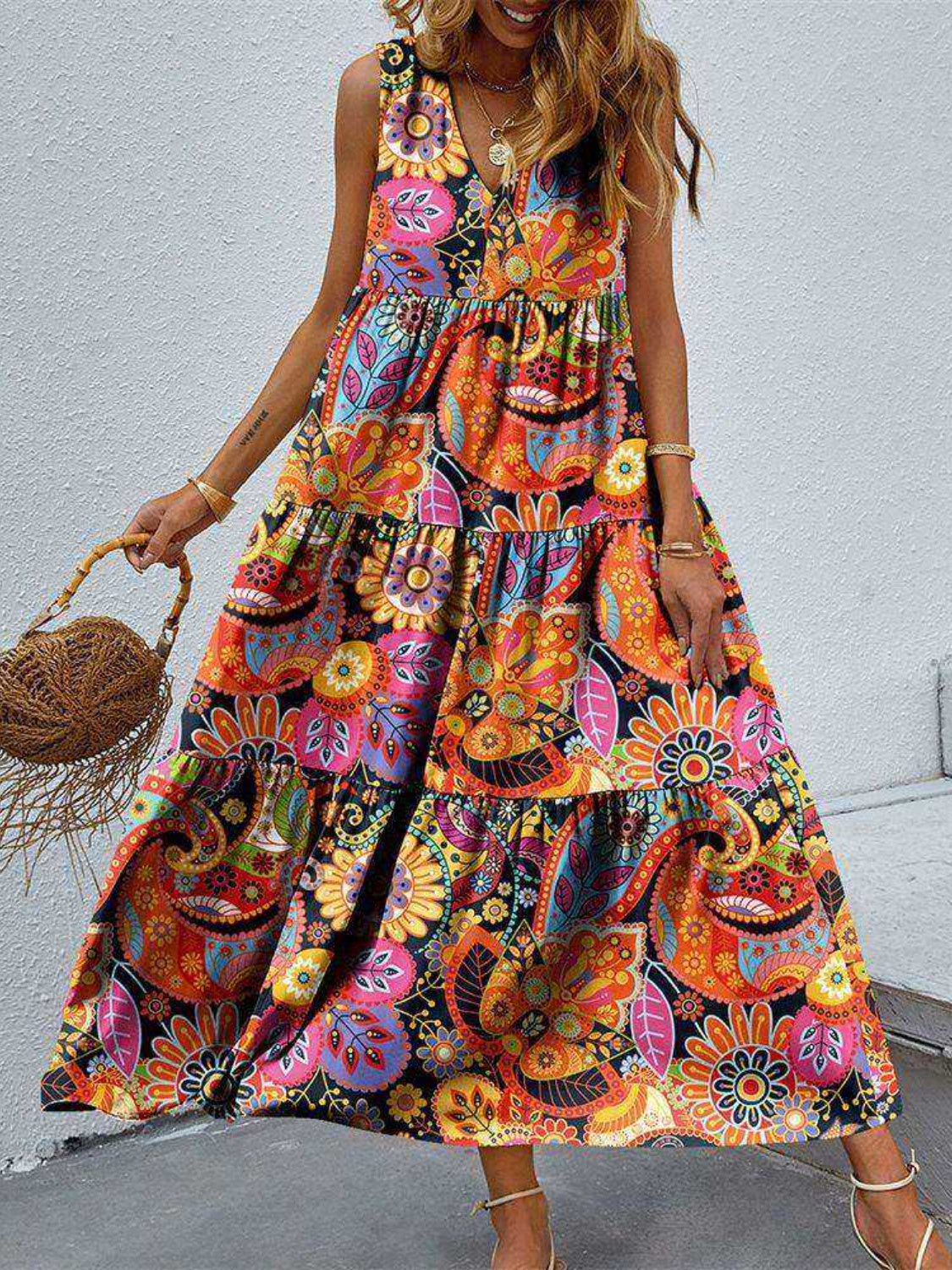 Tiered Printed V-Neck Sleeveless Dress BLUE ZONE PLANET