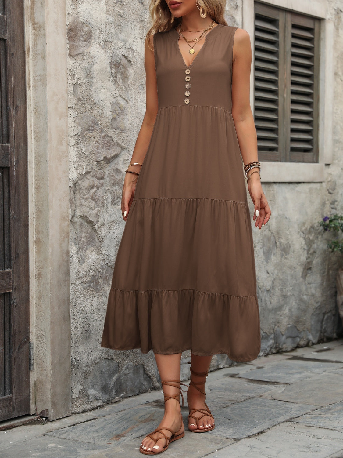 Blue Zone Planet | Decorative Button Notched Sleeveless Dress BLUE ZONE PLANET