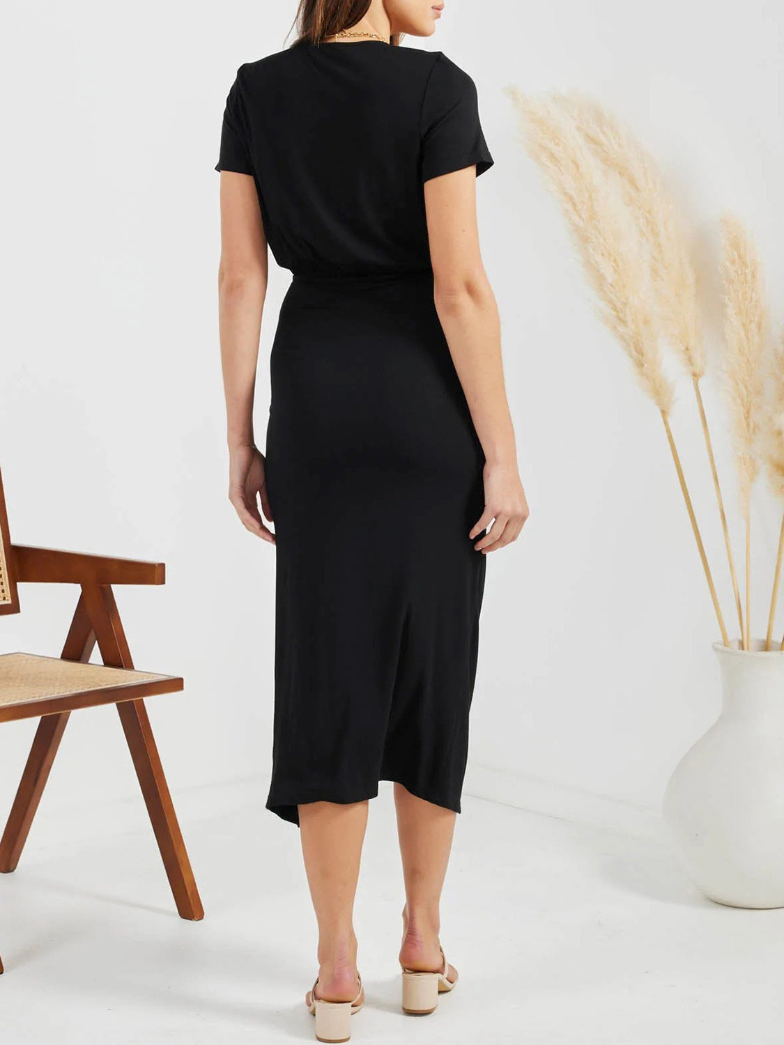 Ruched Slit V-Neck Short Sleeve Dress BLUE ZONE PLANET