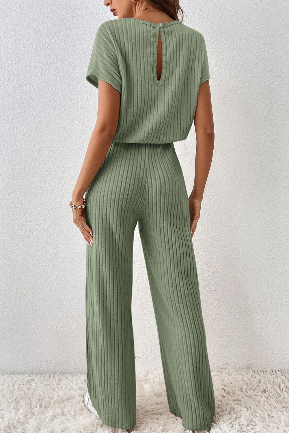 Rose Red Solid Color Ribbed Short Sleeve Wide Leg Jumpsuit Blue Zone Planet