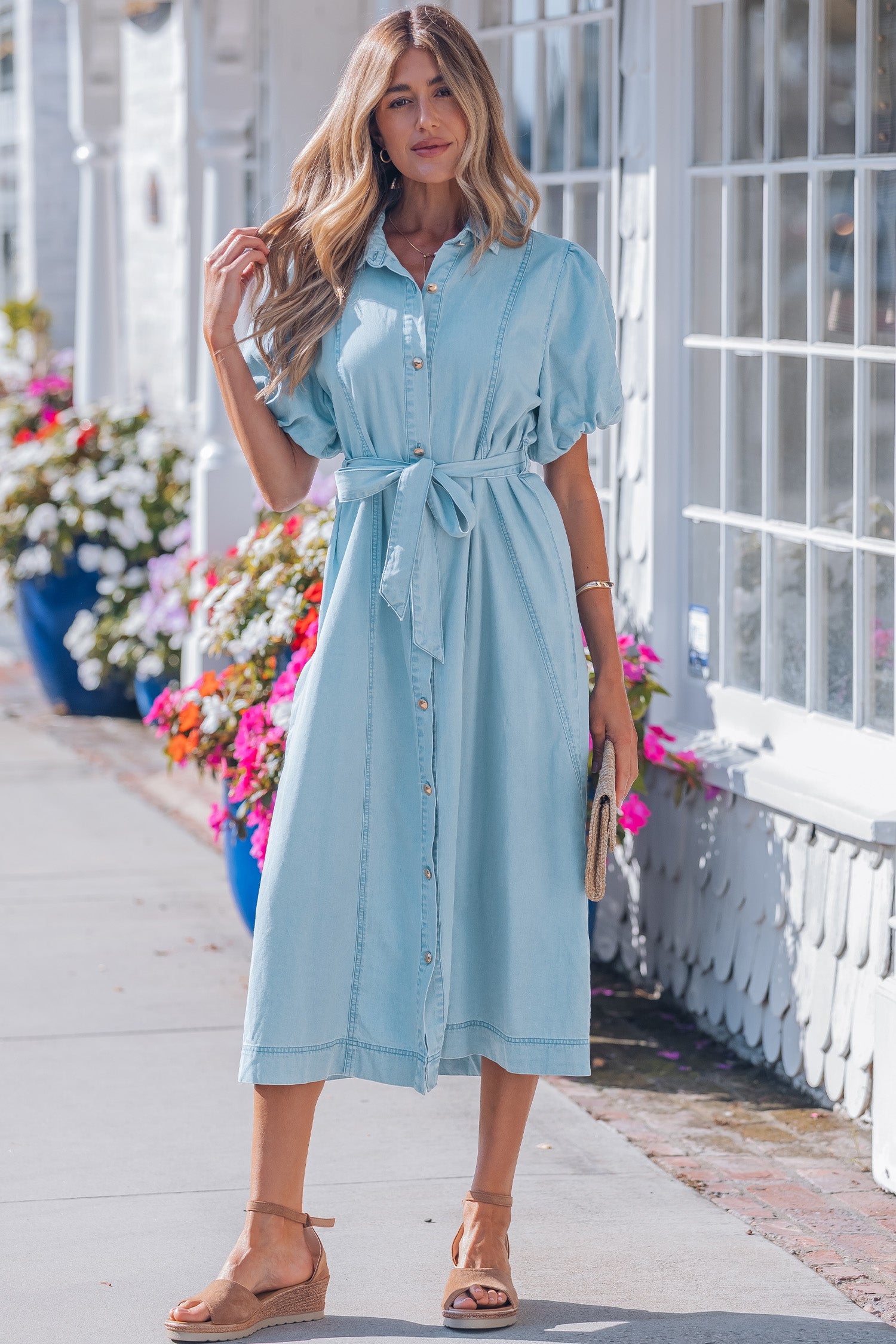 Beau Blue Full Buttons Collared Short Bubble Sleeve Long Denim Dress Beau Blue / M / 100%Cotton