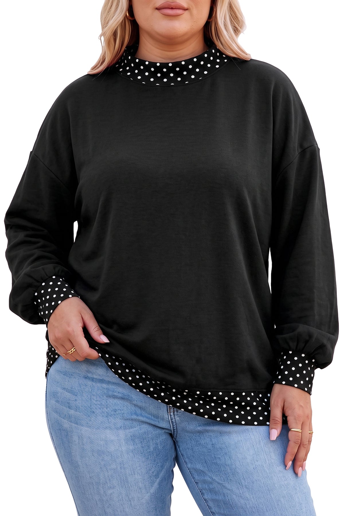 Red Dahlia Polka Dot Patchwork Round Neck Plus Size Sweatshirt