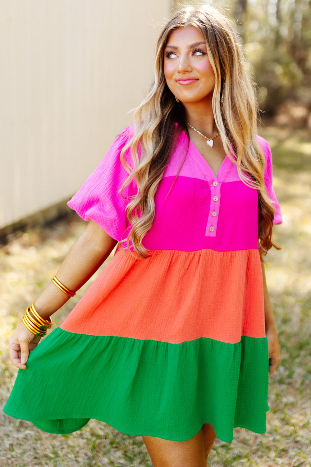Blue Zone Planet | Multicolor Color Block Tiered Puff Sleeve Dress Blue Zone Planet