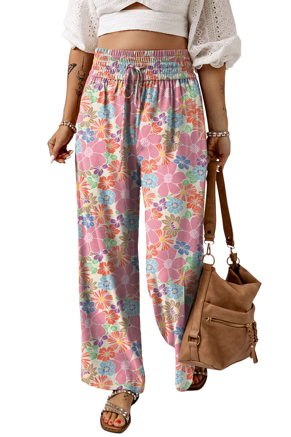 Cecilia's Green Floral Smocked Waist Loose Cotton Pants Blue Zone Planet