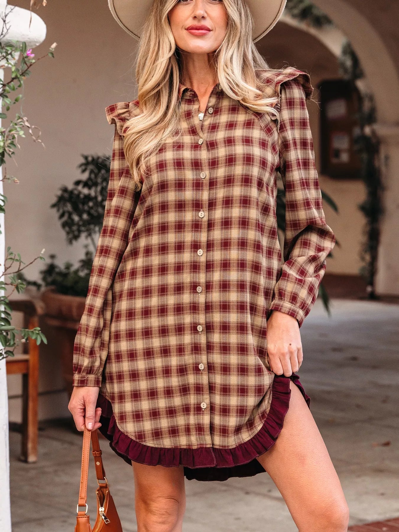 plaid print mini dress Plaid Print Ruffled Long Sleeve Patchwork Hem Mini Shirt Dress Brown / S by Blue Zone Planet