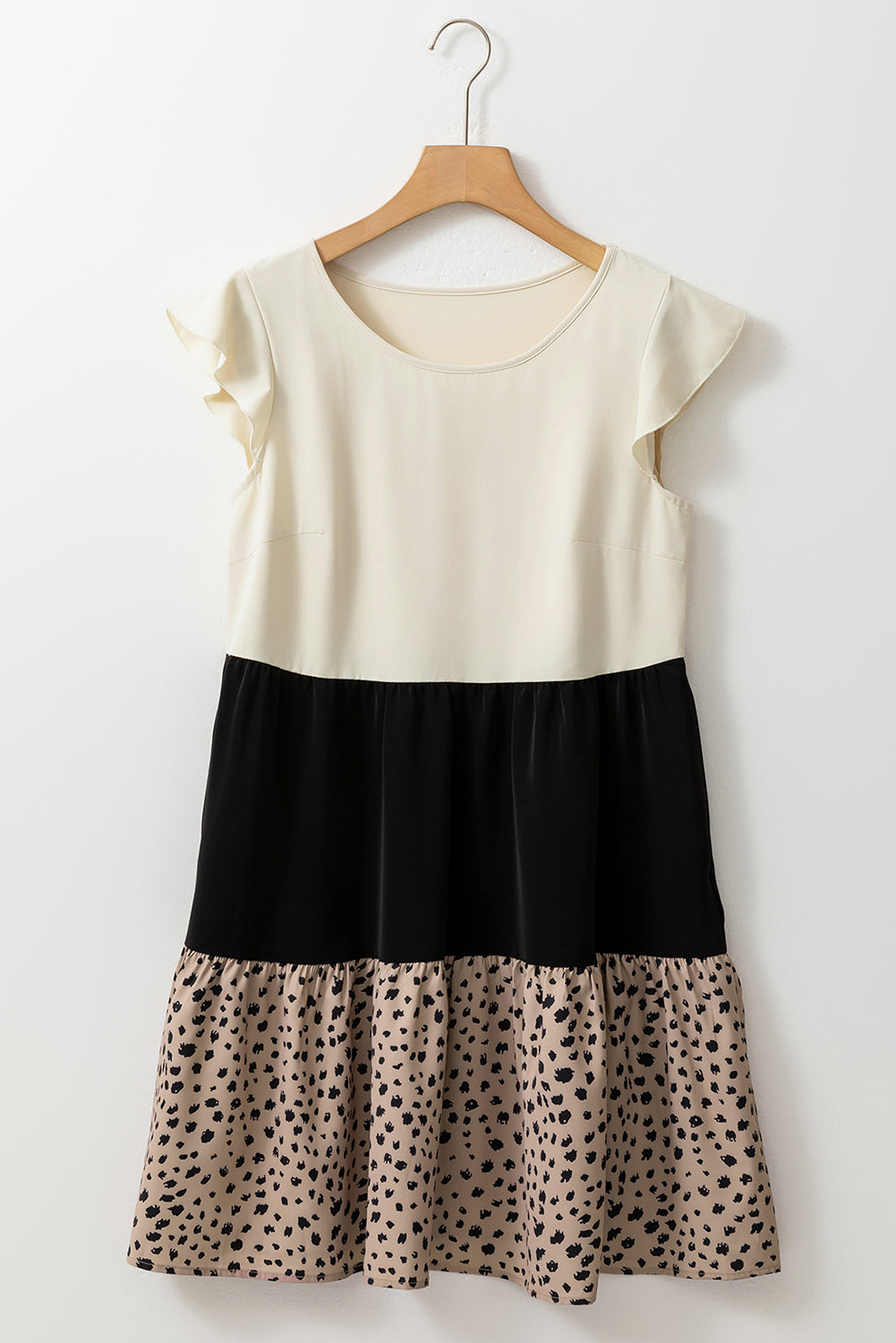 Light French Beige Colorblock Dalmatian Print Ruffle Hem Flowy Dress Blue Zone Planet