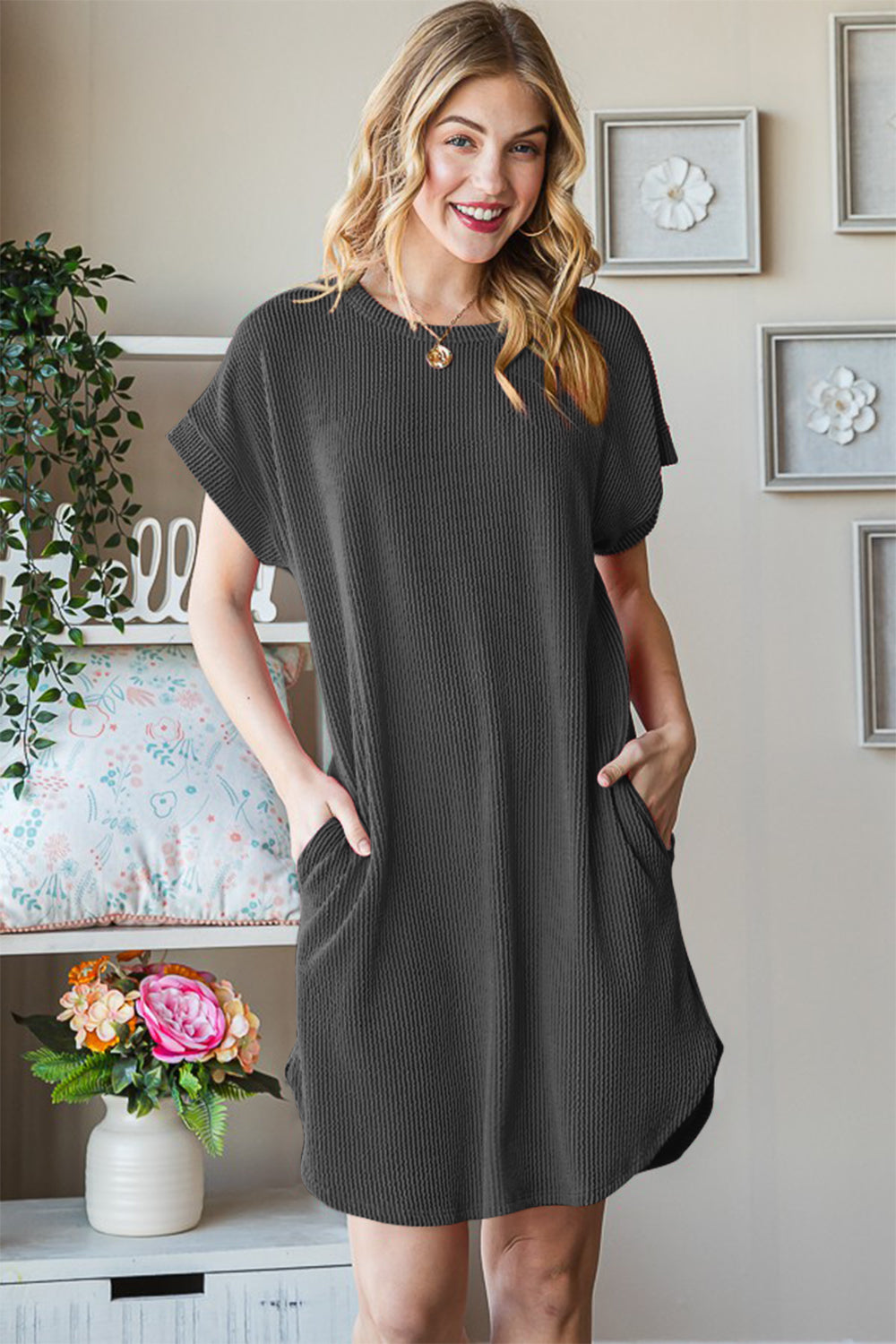 Blue Zone Planet | Heimish Full Size Ribbed Round Neck Short Sleeve Tee Dress BLUE ZONE PLANET