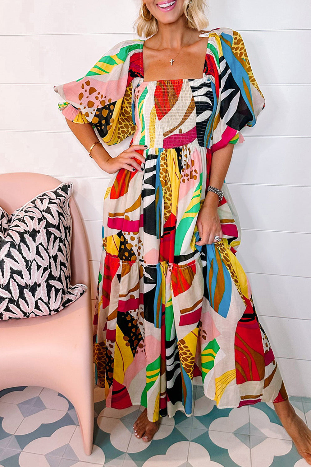 Blue Zone Planet | White Square Neck Smocked Abstract Print Boho Maxi Dress Blue Zone Planet