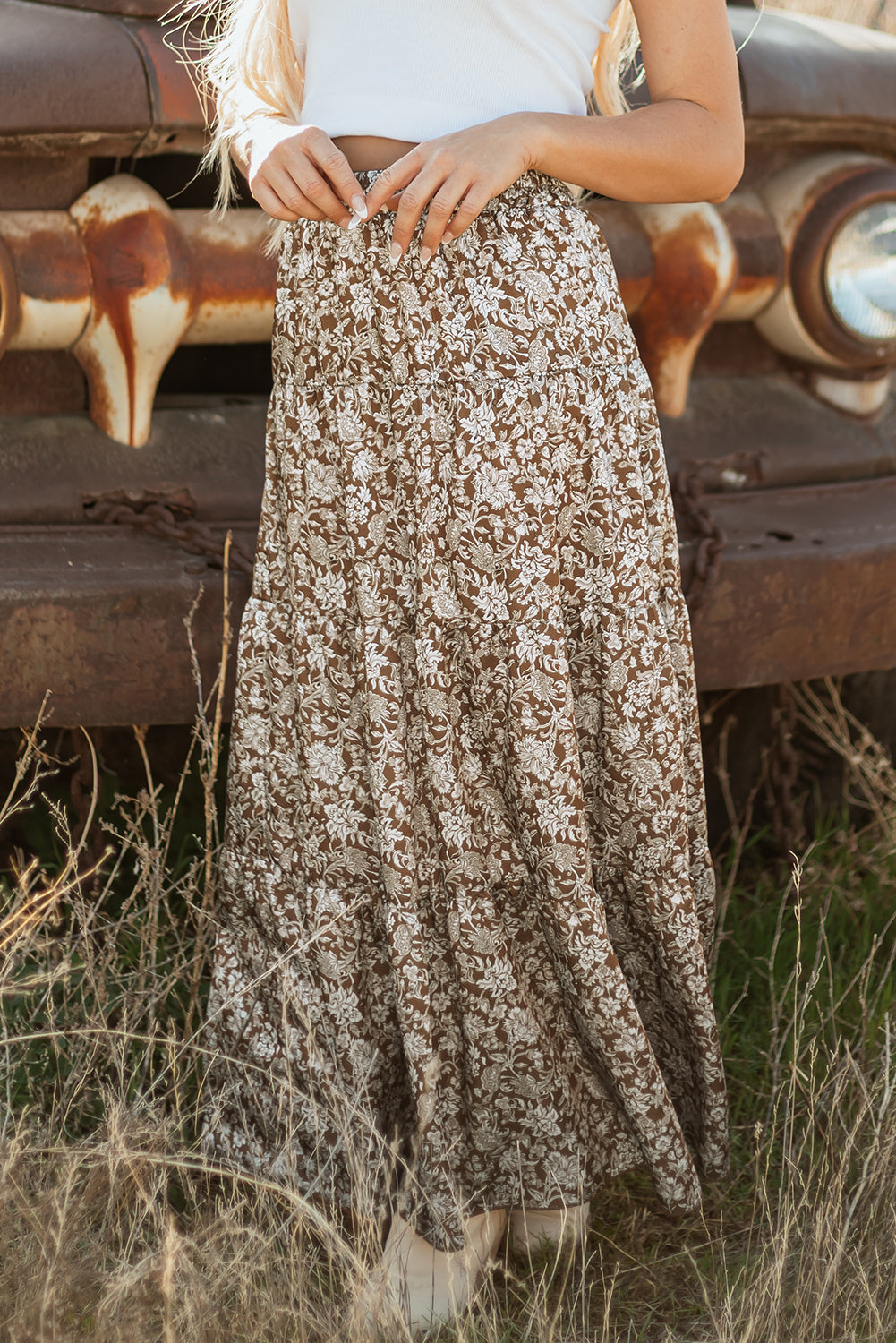 Brown Western Floral Print Ruffled Hem High Waist Loose Maxi Skirt