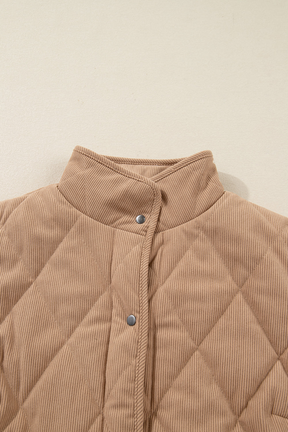 Camel Plus Size Quilted Cord Snap Button Vest Jacket