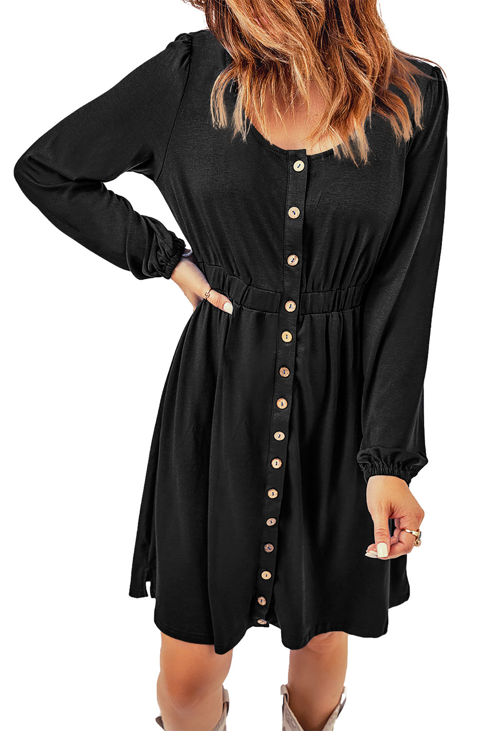 Yellow Button Up High Waist Long Sleeve Dress Blue Zone Planet