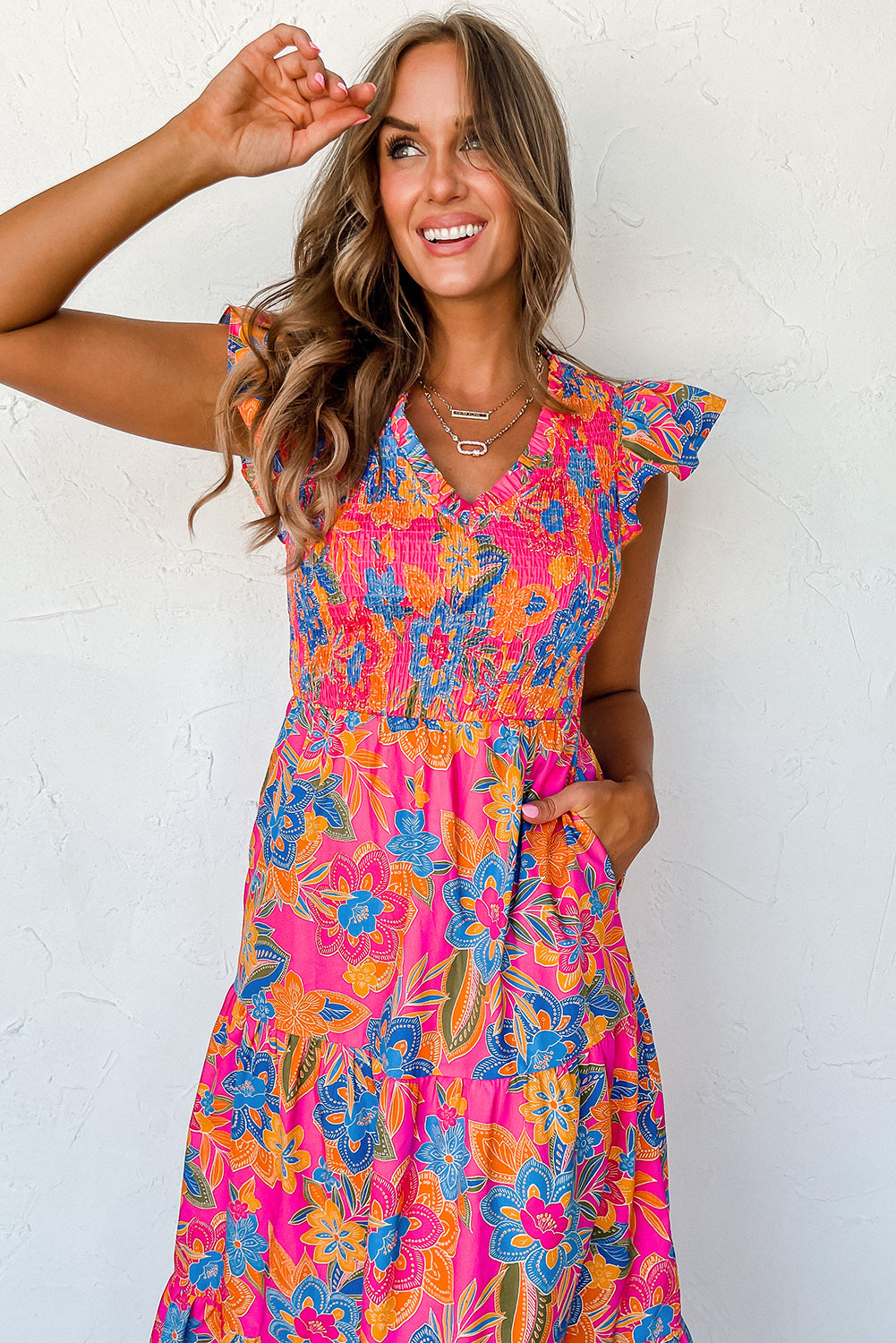 Blue Zone Planet | Dark Blue Boho Floral V Neck Ruffle Tiered Long Dress Blue Zone Planet