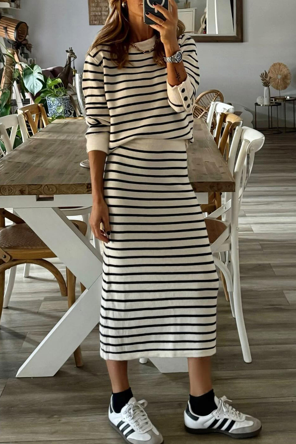 Black Stripe Ribbed Trim Button Cuff Long Sleeve Top Midi Skirt 2pcs Outfit Black Stripe / L / 85%Polyester+10%Viscose+5%Elastane by Blue Zone Planet