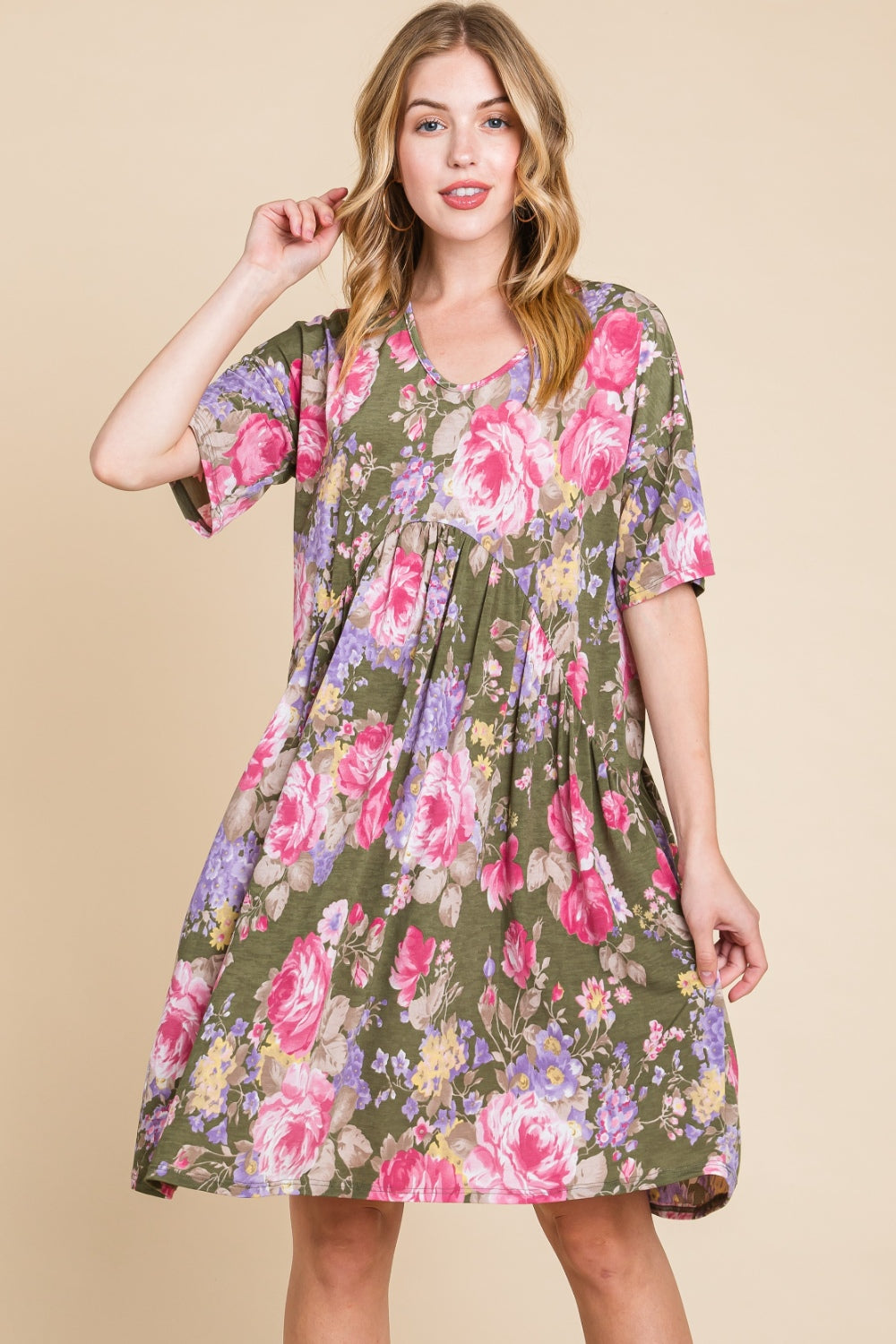 Blue Zone Planet | BOMBOM Flower Print V-Neck Ruched Dress BLUE ZONE PLANET