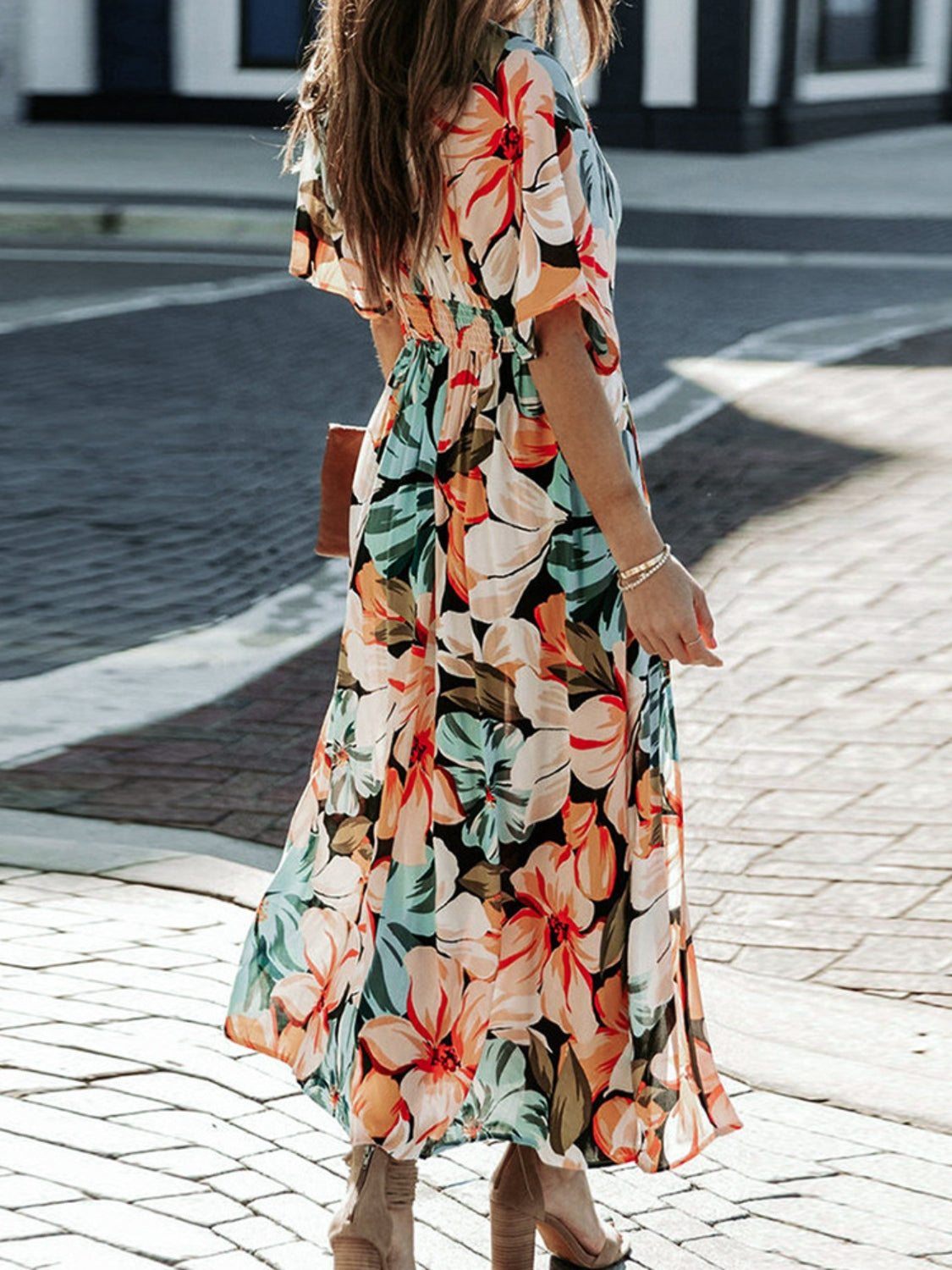 Floral Plunge Half Sleeve Dress BLUE ZONE PLANET