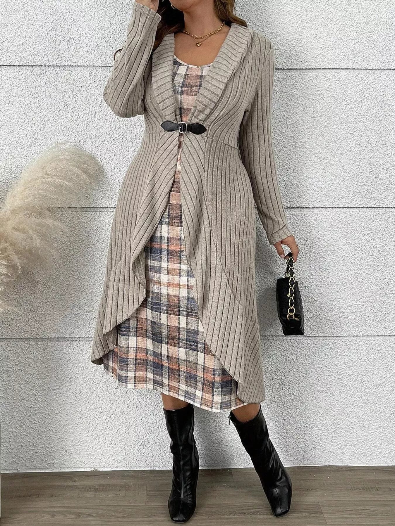 Full Size Plaid Dress & Ribbed Knit Cardigan Set Plus Size Khaki / 2XL by Blue Zone Planet