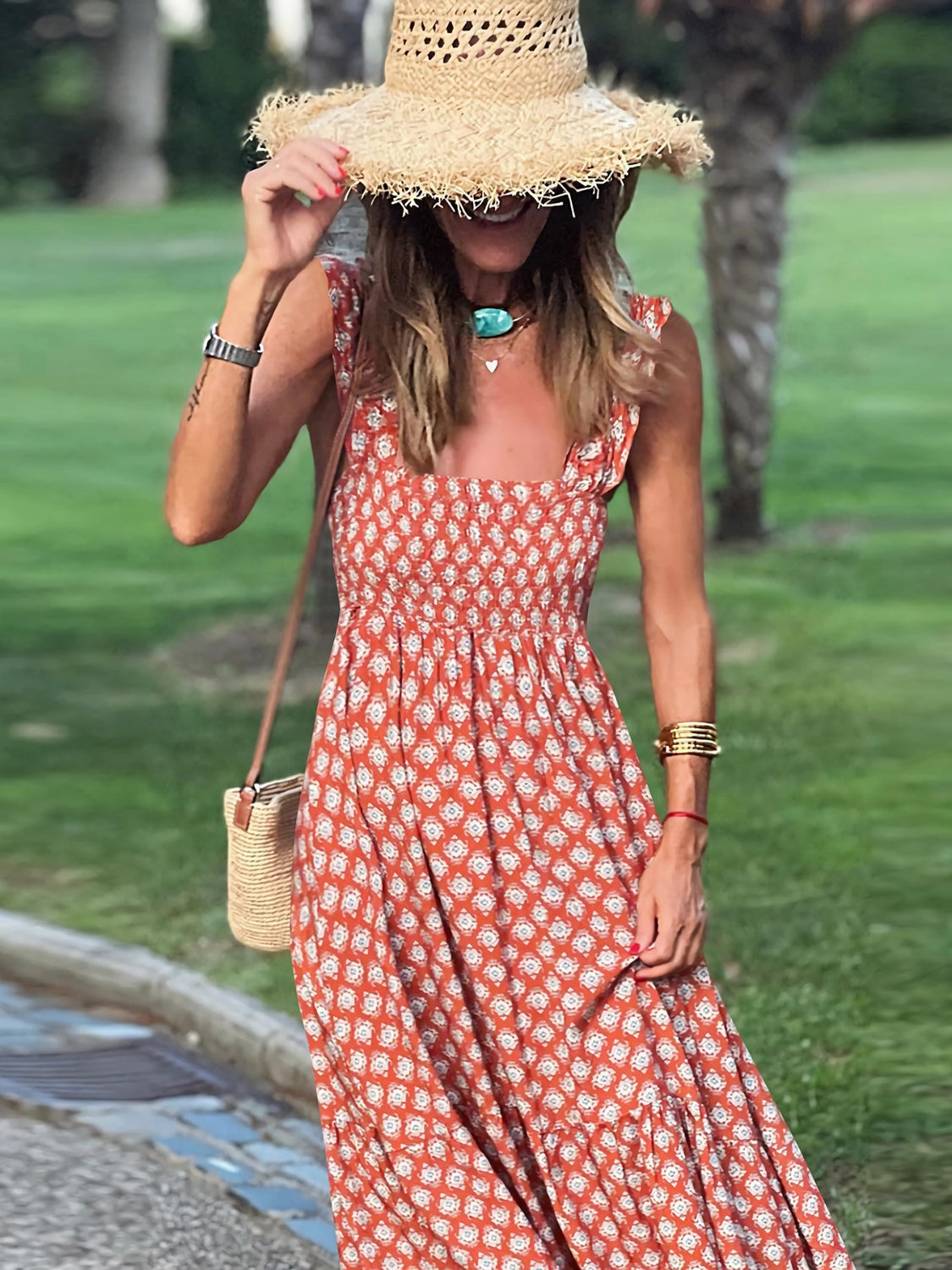 Smocked Printed Square Neck Sleeveless Dress BLUE ZONE PLANET