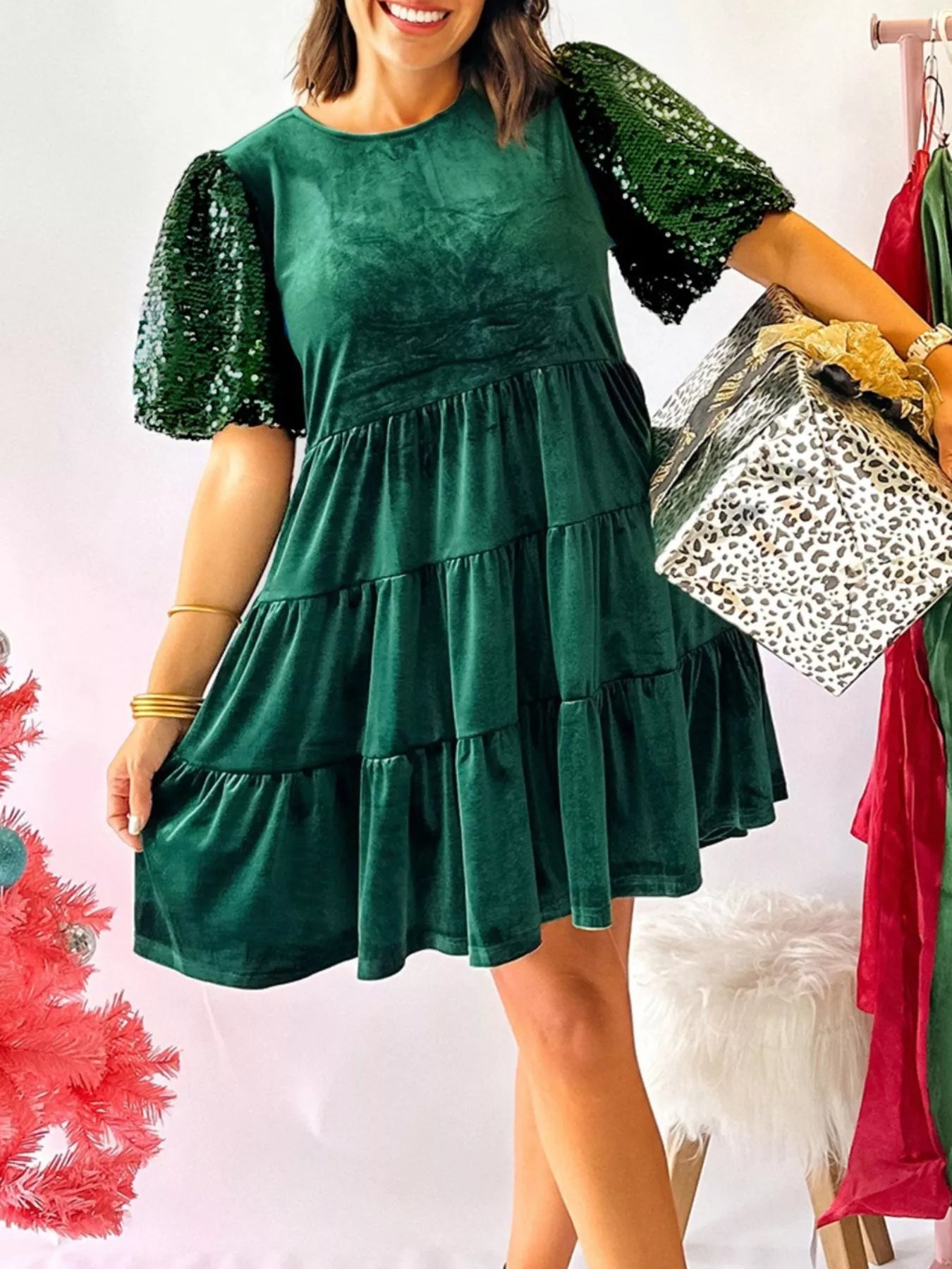 knee length dresses for ladies Puff Sleeve Crew Neck Sequin Mini Dress – Fashions Envy main image 1
