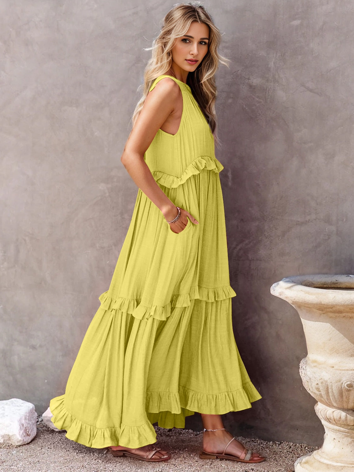 Blue Zone Planet | Ruffled Sleeveless Tiered Maxi Dress with Pockets BLUE ZONE PLANET