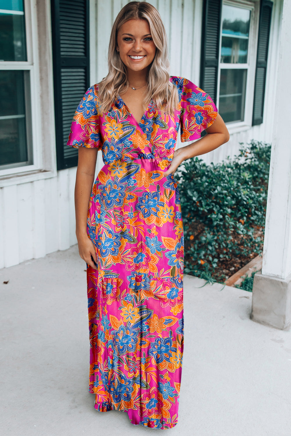 Blue Zone Planet | Rose Wrap V Neck Floral Maxi Dress Blue Zone Planet