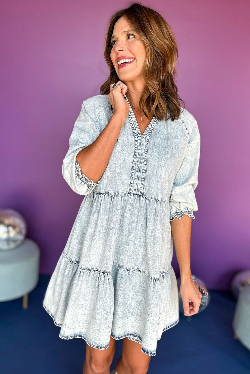 Blue Zone Planet | Dusk Blue Acid Wash Retro Half Sleeve Flared Denim Dress Blue Zone Planet