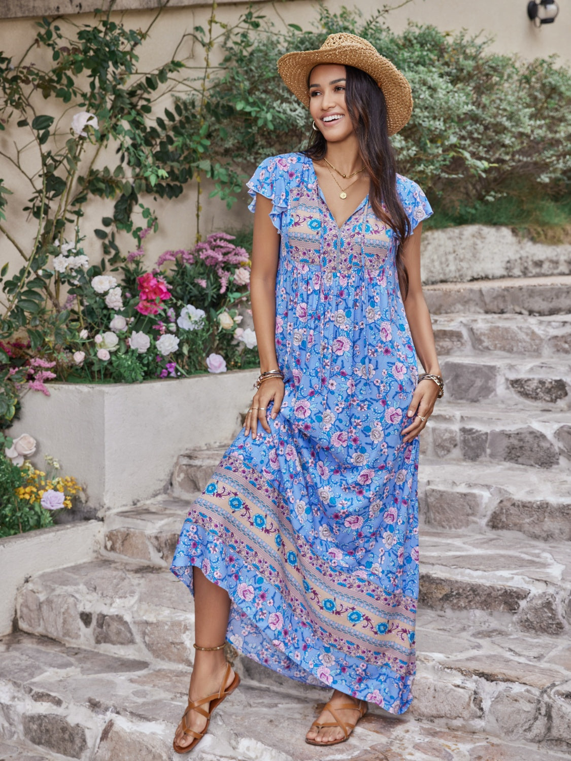 Blue Zone Planet | Ruffled Printed Tie Neck Cap Sleeve Dress BLUE ZONE PLANET