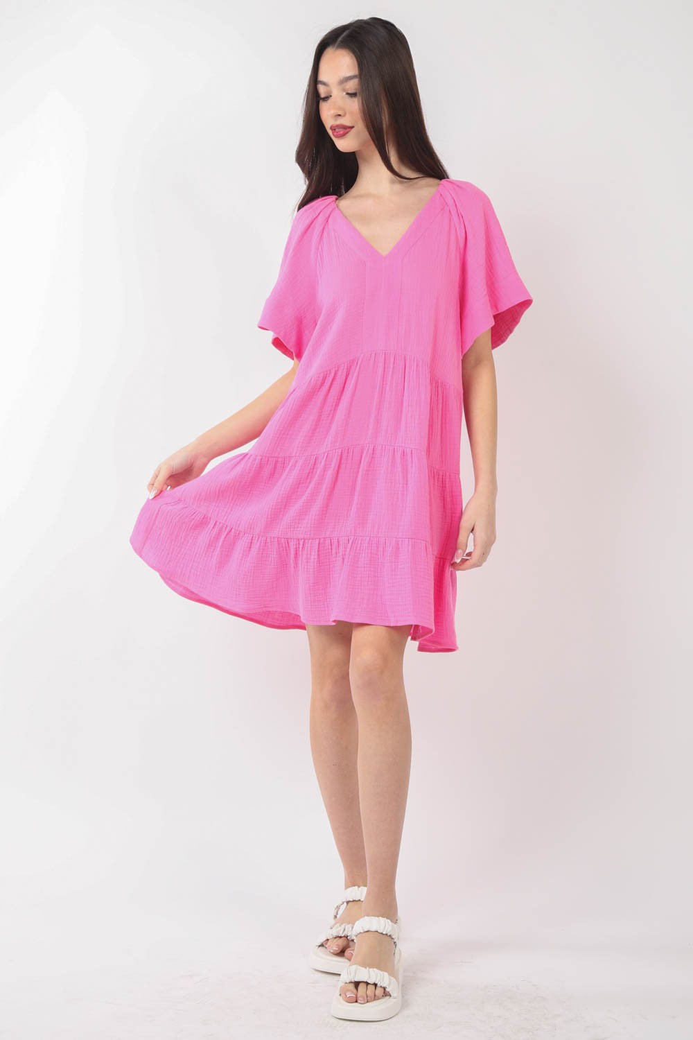 Blue Zone Planet | VERY J Texture V-Neck Ruffled Tiered Dress BLUE ZONE PLANET