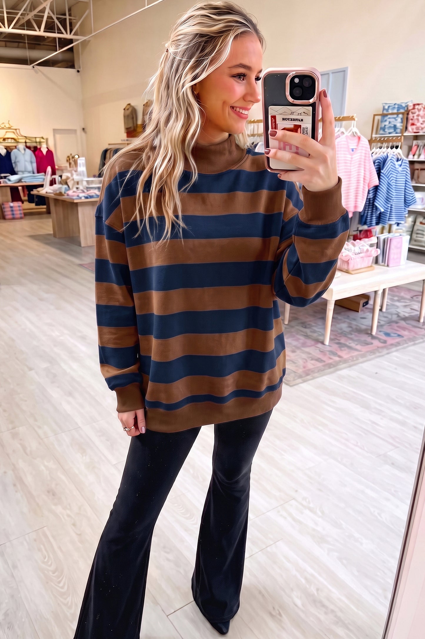 Brown Stripe Colorblock Mock Neck Relaxed Sweatshirt