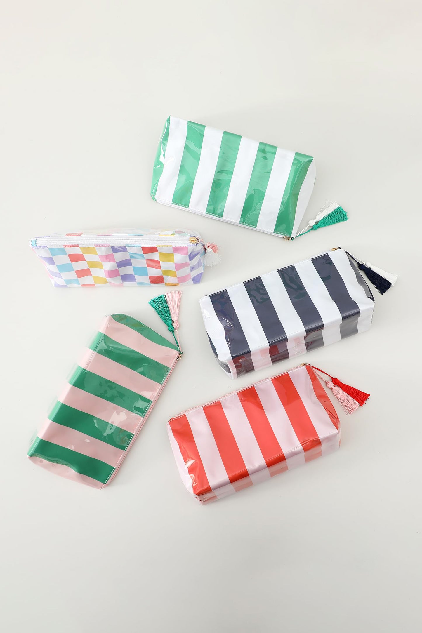 Carrot Striped Vinyl Waterproof Tassel Zipper Makeup Bag