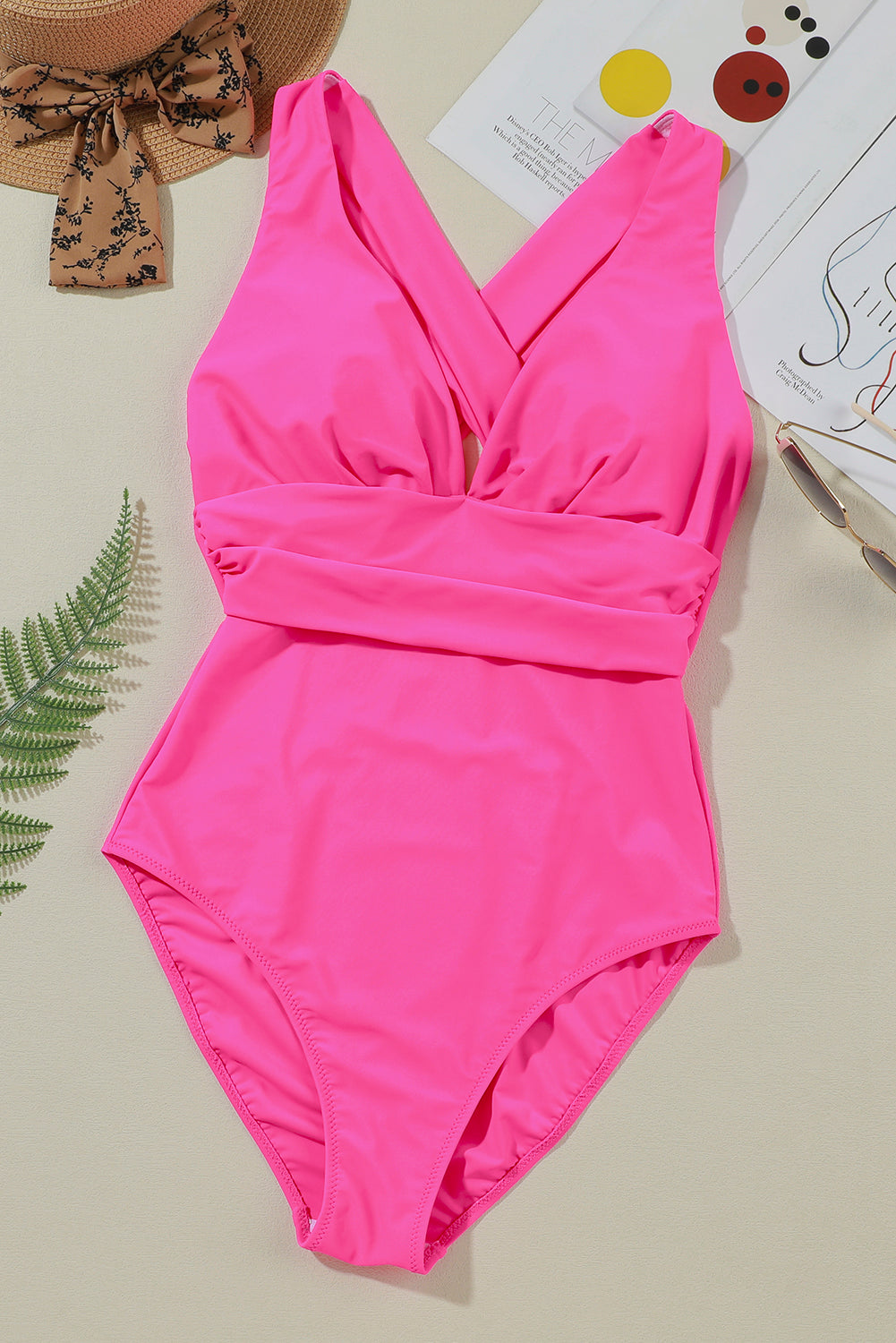 Blue Zone Planet | Rose Red Deep V Neck Crossover Backless Ruched High Cut Monokini Blue Zone Planet