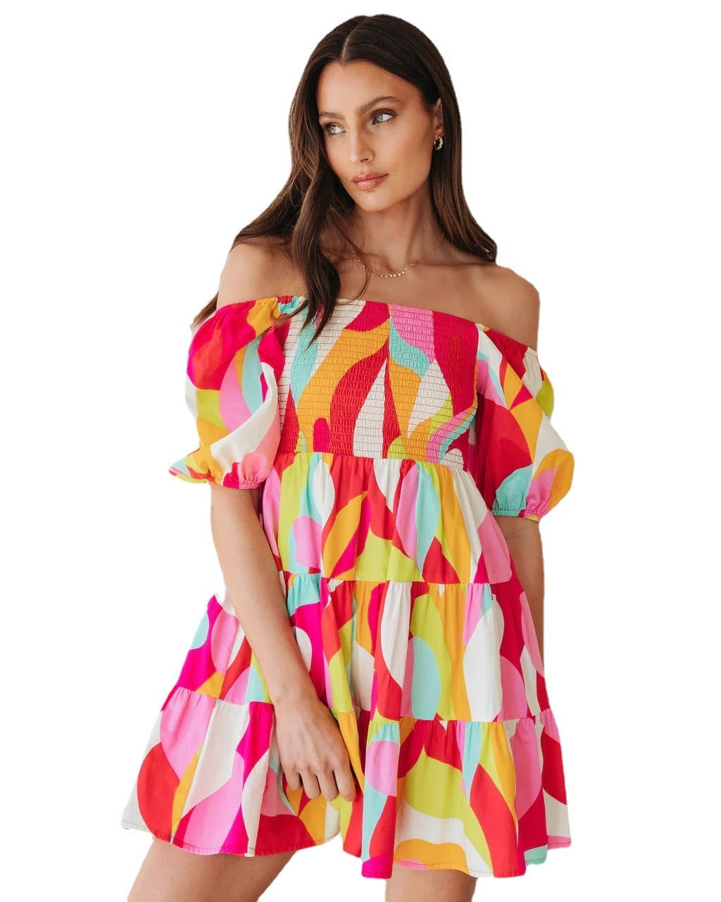 Blue Zone Planet | Laura's Petit Off-shoulder Collar Hedging Short-Sleeved Mini Dress Roma Costume, Inc.