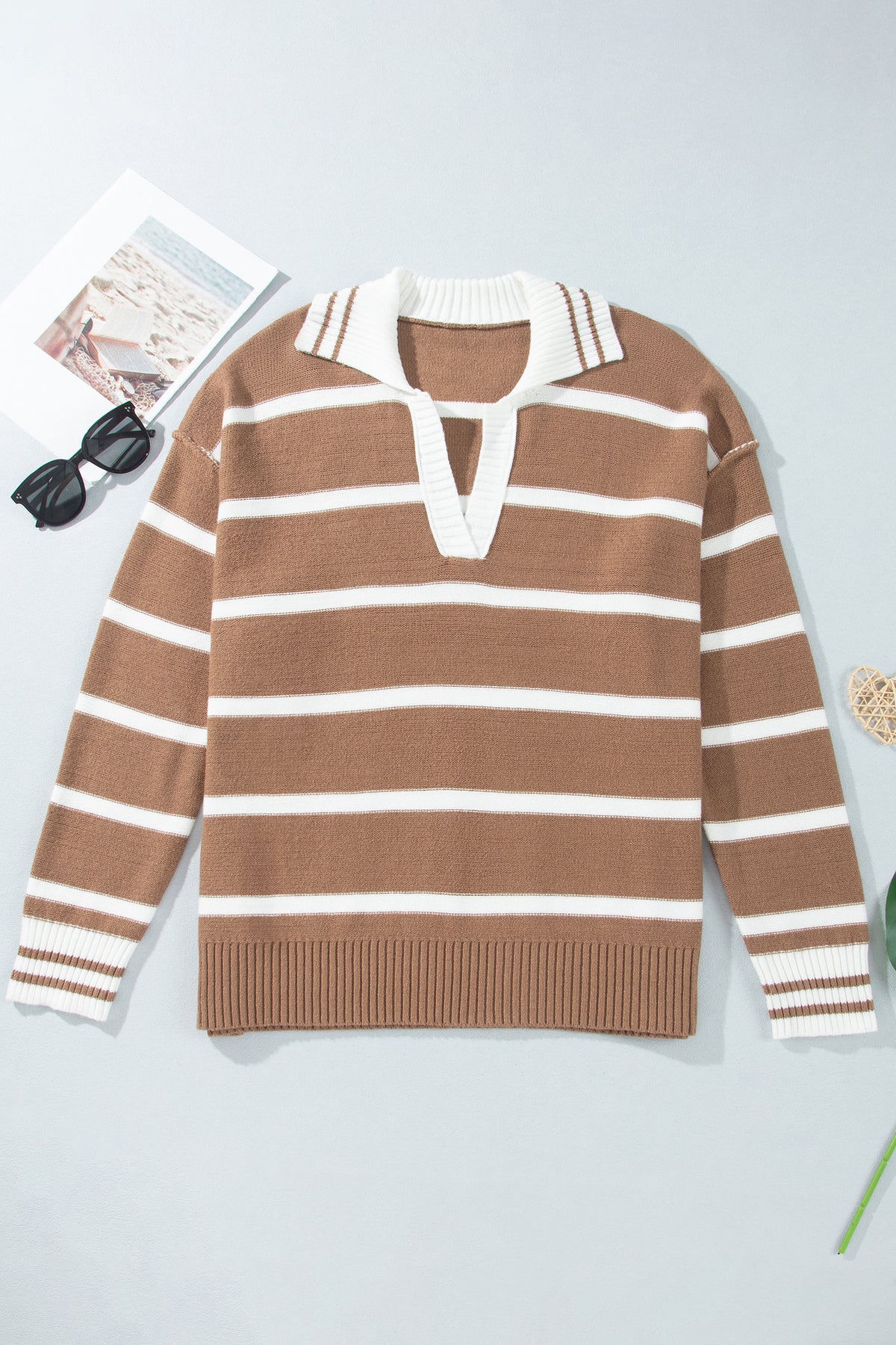 Brown Stripe Striped V Neck Long Sleeve Shift Plus Size Sweater