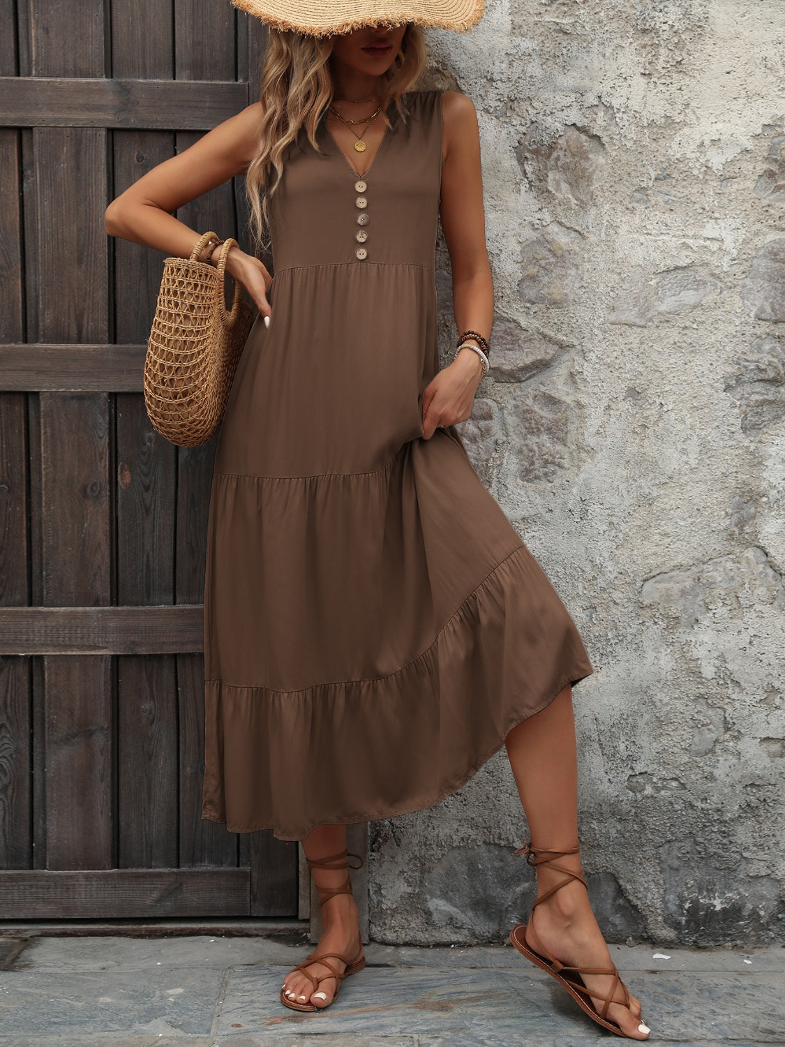 Blue Zone Planet | Decorative Button Notched Sleeveless Dress BLUE ZONE PLANET